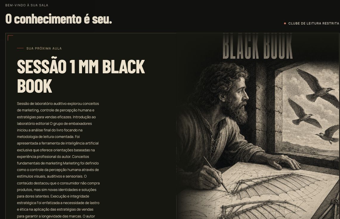 Captura real da Plataforma do Club Black Book no computador, com as sessões gravadas organizadas