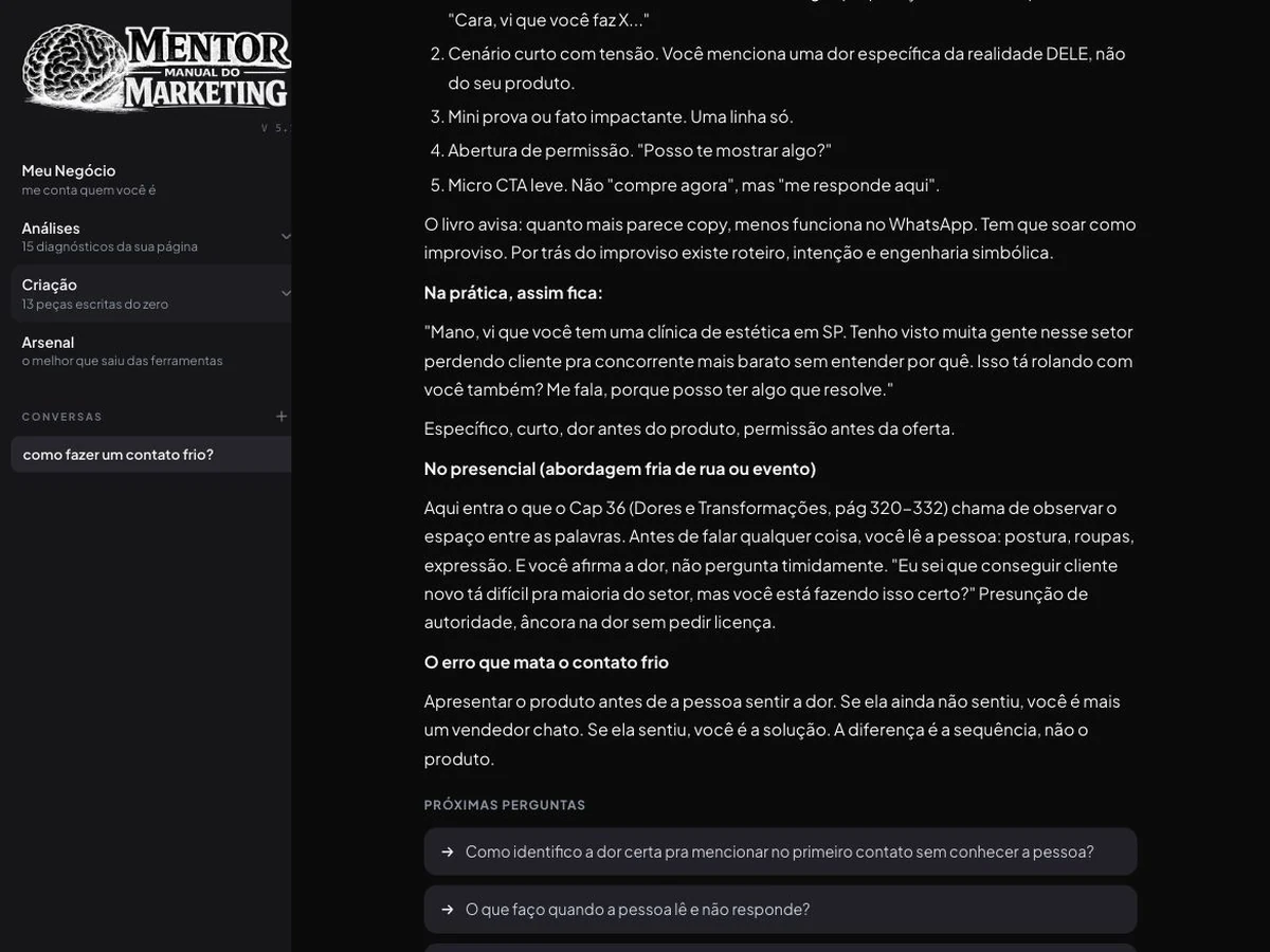 Captura real do Mentor MM: menu com Análises e Criação e uma resposta sobre contato frio